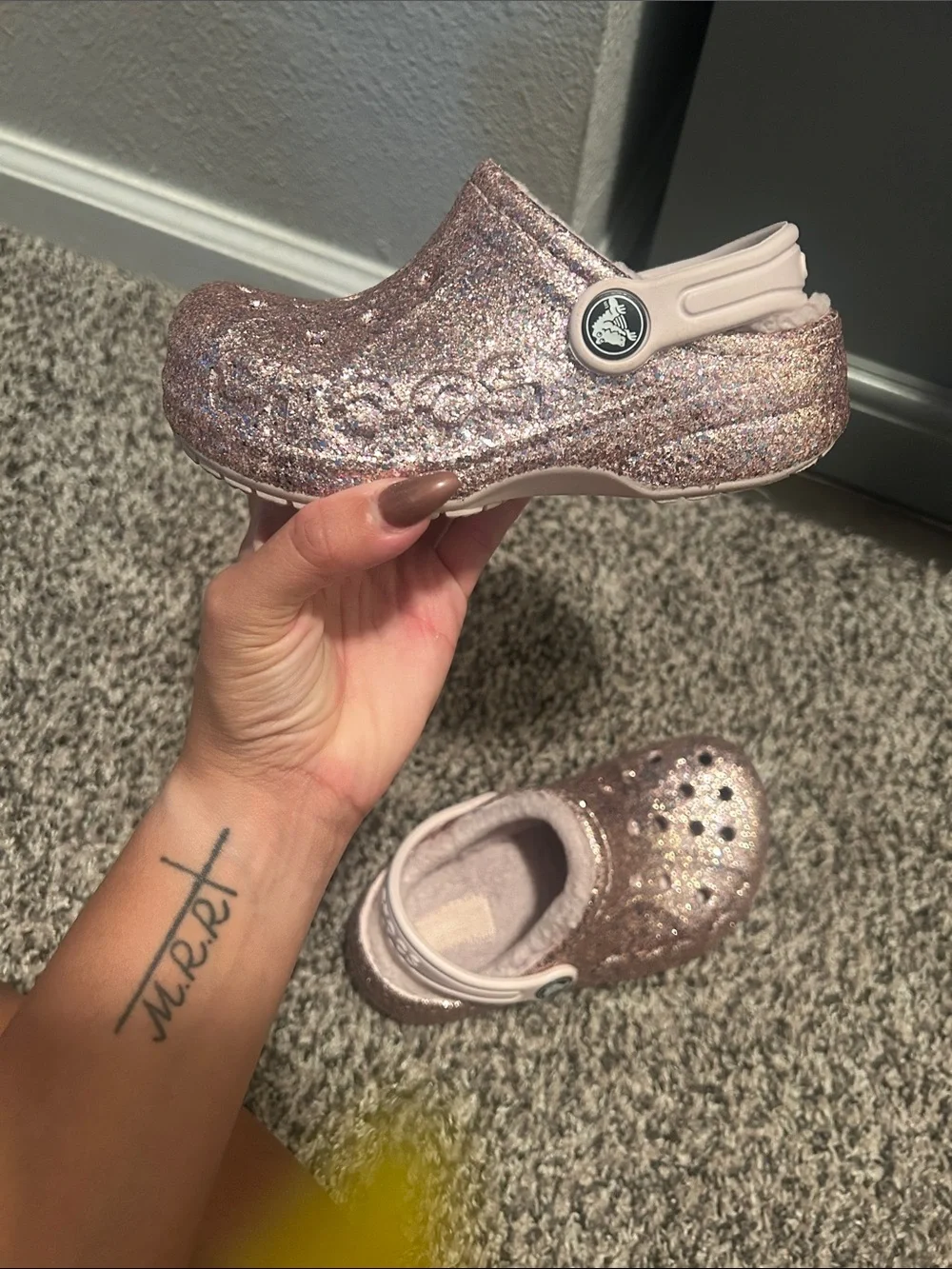 CROCS Kids Glitter Clog in Rose Gold with Light Pink Strap